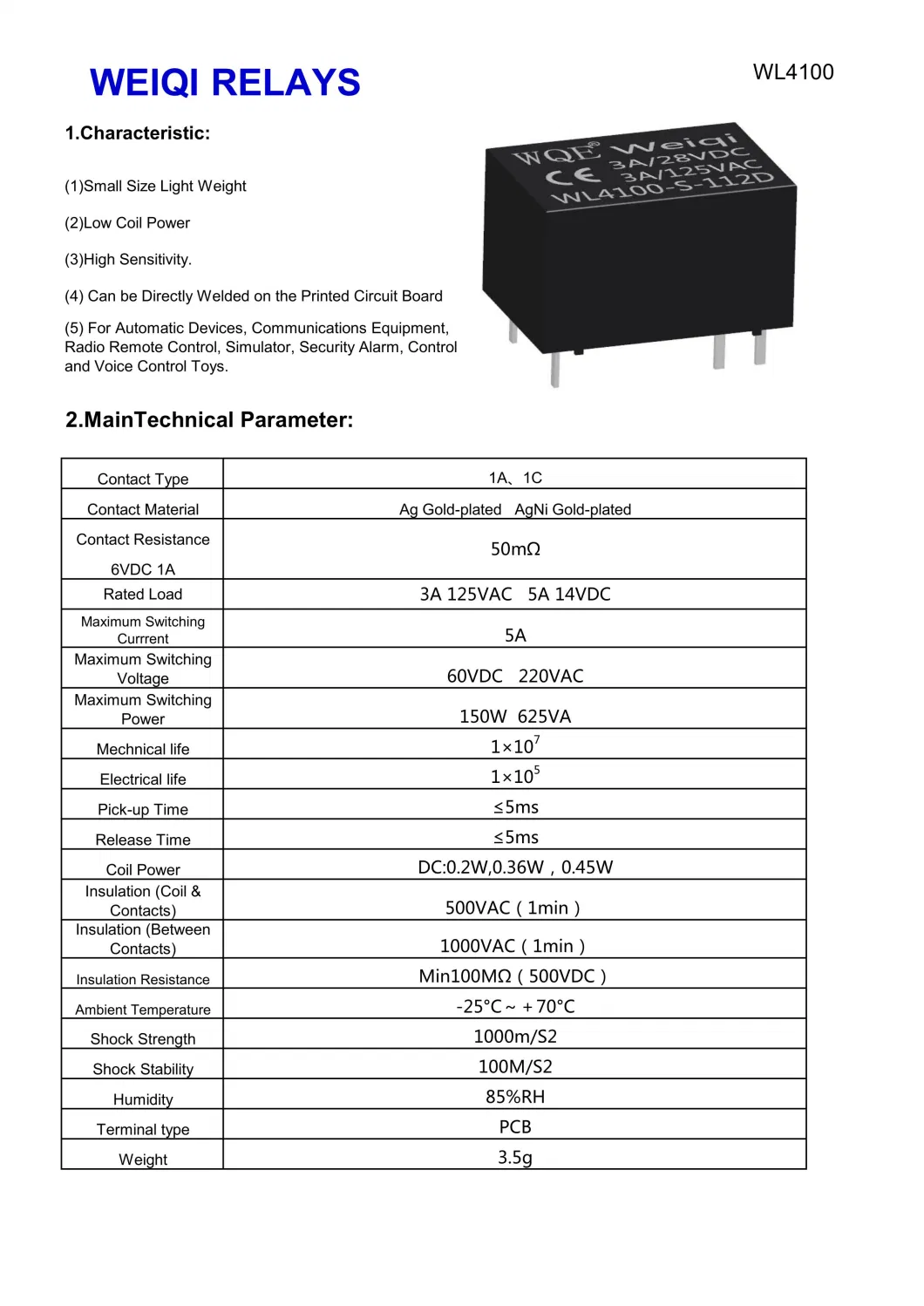 New Product Hot Sale Relay Communication Security Dedicated 3A250VAC Signal 5pin 3 AMP Miniature Wl4100